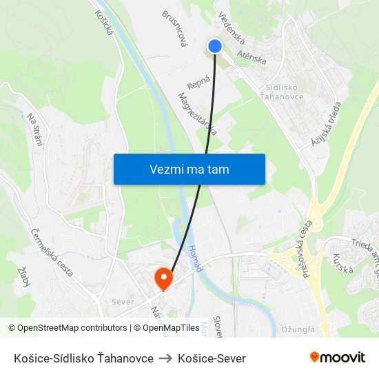 Košice-Sídlisko Ťahanovce to Košice-Sever map