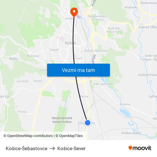 Košice-Šebastovce to Košice-Sever map