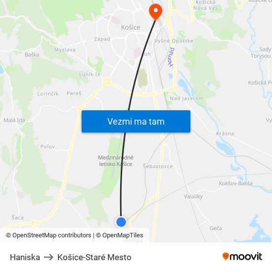 Haniska to Košice-Staré Mesto map