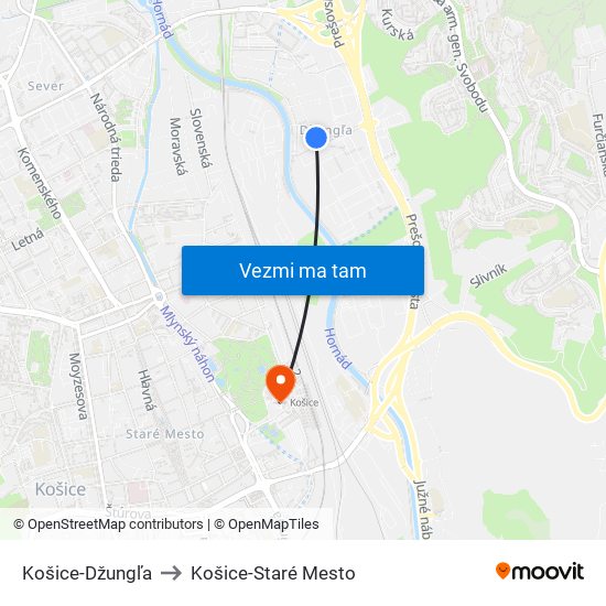 Košice-Džungľa to Košice-Staré Mesto map