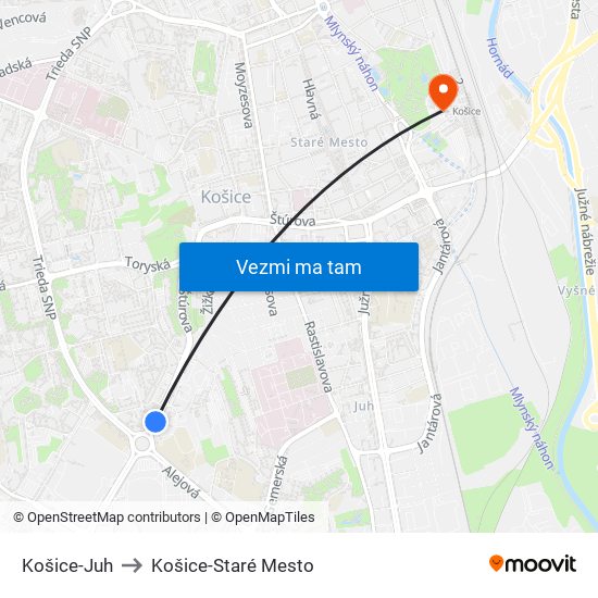 Košice-Juh to Košice-Staré Mesto map