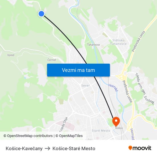 Košice-Kavečany to Košice-Staré Mesto map