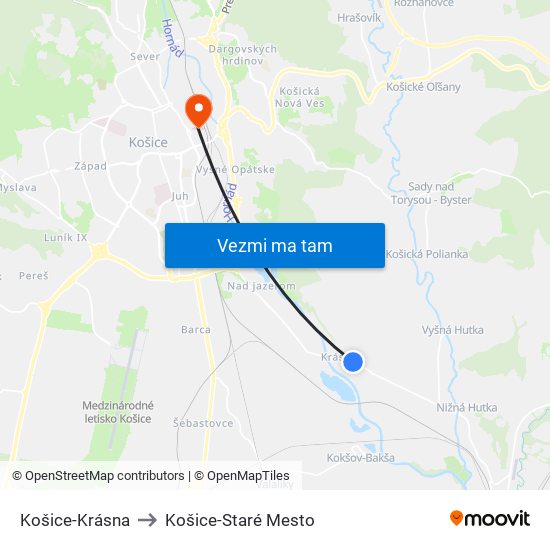 Košice-Krásna to Košice-Staré Mesto map