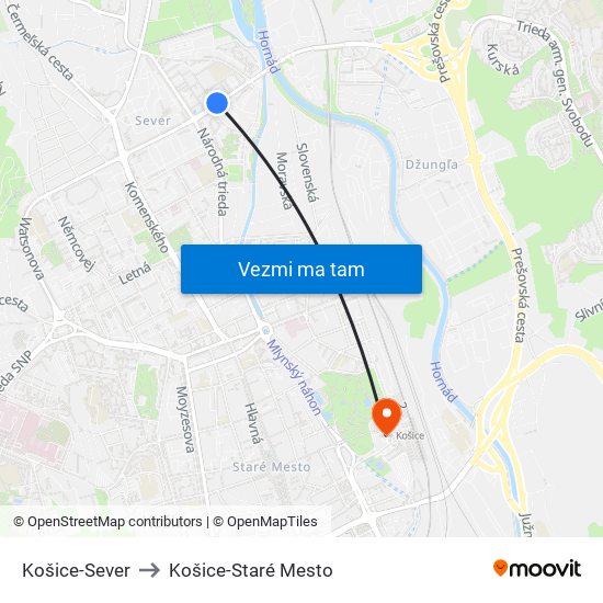 Košice-Sever to Košice-Staré Mesto map