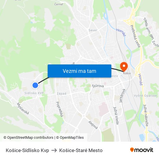 Košice-Sídlisko Kvp to Košice-Staré Mesto map