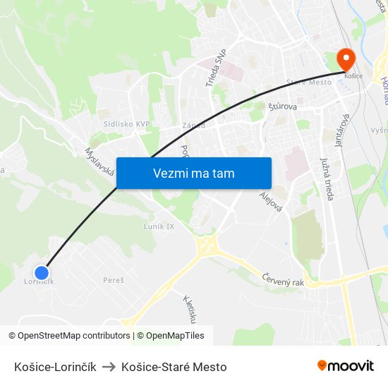 Košice-Lorinčík to Košice-Staré Mesto map