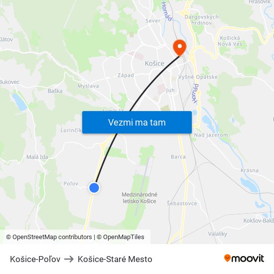 Košice-Poľov to Košice-Staré Mesto map