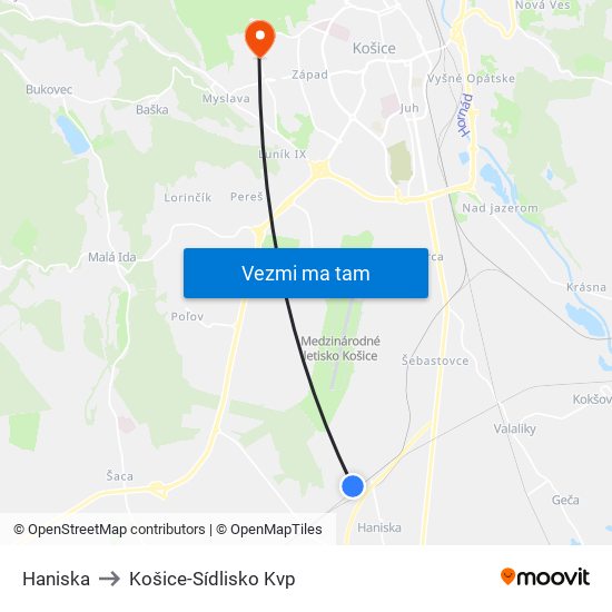 Haniska to Košice-Sídlisko Kvp map