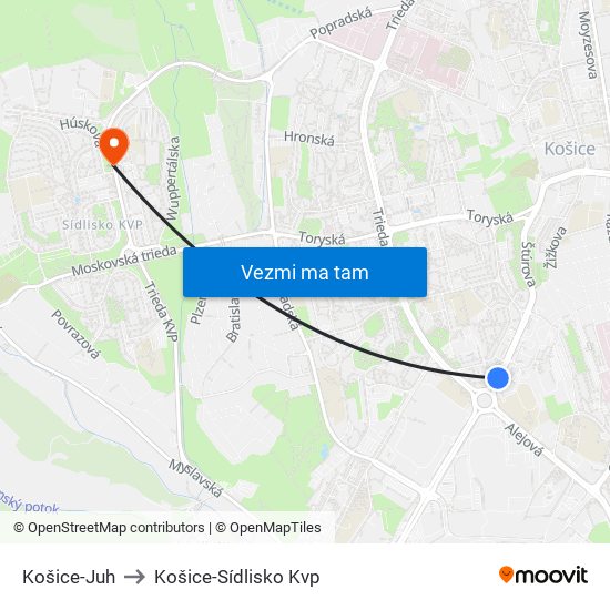 Košice-Juh to Košice-Sídlisko Kvp map