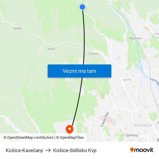 Košice-Kavečany to Košice-Sídlisko Kvp map