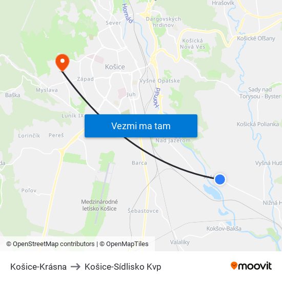 Košice-Krásna to Košice-Sídlisko Kvp map