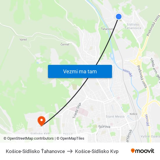 Košice-Sídlisko Ťahanovce to Košice-Sídlisko Kvp map