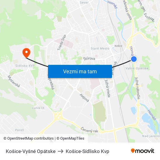 Košice-Vyšné Opátske to Košice-Sídlisko Kvp map