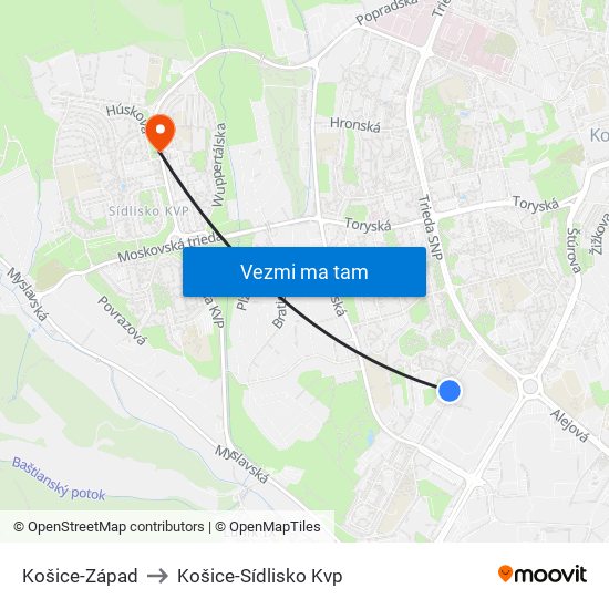 Košice-Západ to Košice-Sídlisko Kvp map