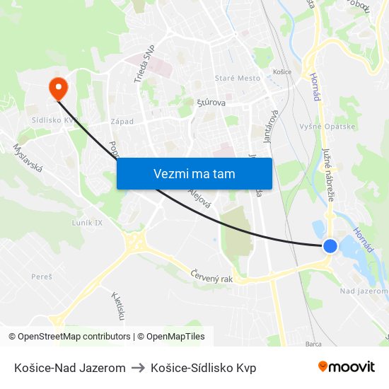 Košice-Nad Jazerom to Košice-Sídlisko Kvp map