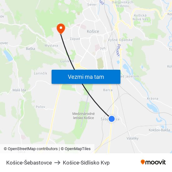 Košice-Šebastovce to Košice-Sídlisko Kvp map