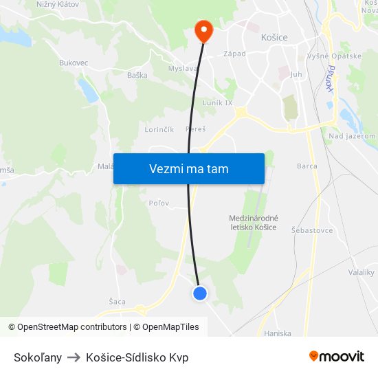 Sokoľany to Košice-Sídlisko Kvp map