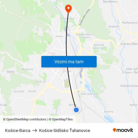 Košice-Barca to Košice-Sídlisko Ťahanovce map