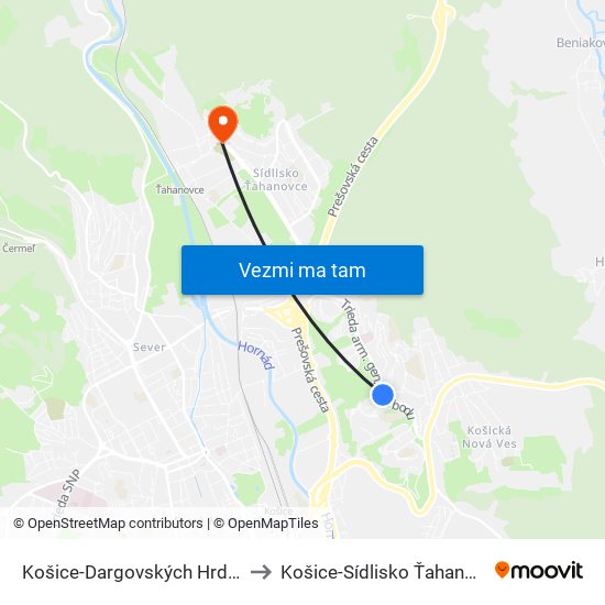 Košice-Dargovských Hrdinov to Košice-Sídlisko Ťahanovce map