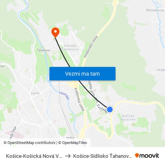 Košice-Košická Nová Ves to Košice-Sídlisko Ťahanovce map