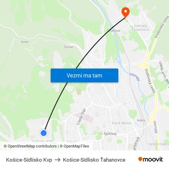 Košice-Sídlisko Kvp to Košice-Sídlisko Ťahanovce map