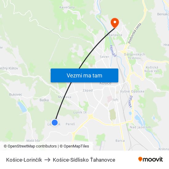 Košice-Lorinčík to Košice-Sídlisko Ťahanovce map