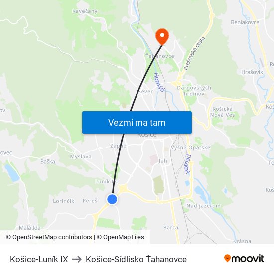 Košice-Luník IX to Košice-Sídlisko Ťahanovce map