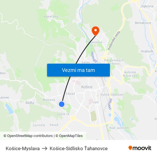 Košice-Myslava to Košice-Sídlisko Ťahanovce map