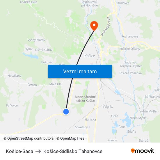 Košice-Šaca to Košice-Sídlisko Ťahanovce map