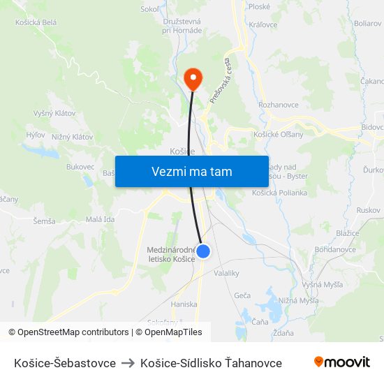 Košice-Šebastovce to Košice-Sídlisko Ťahanovce map