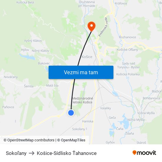 Sokoľany to Košice-Sídlisko Ťahanovce map