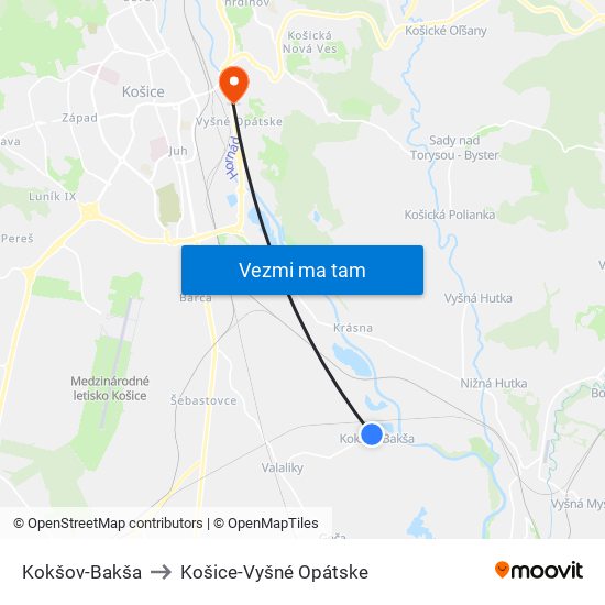 Kokšov-Bakša to Košice-Vyšné Opátske map