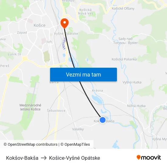 Kokšov-Bakša to Košice-Vyšné Opátske map