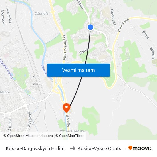 Košice-Dargovských Hrdinov to Košice-Vyšné Opátske map