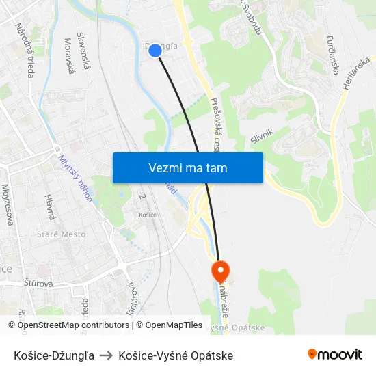 Košice-Džungľa to Košice-Vyšné Opátske map