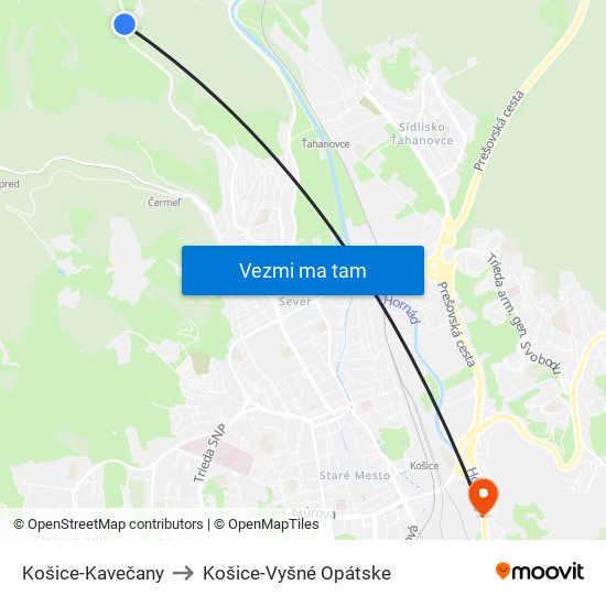 Košice-Kavečany to Košice-Vyšné Opátske map