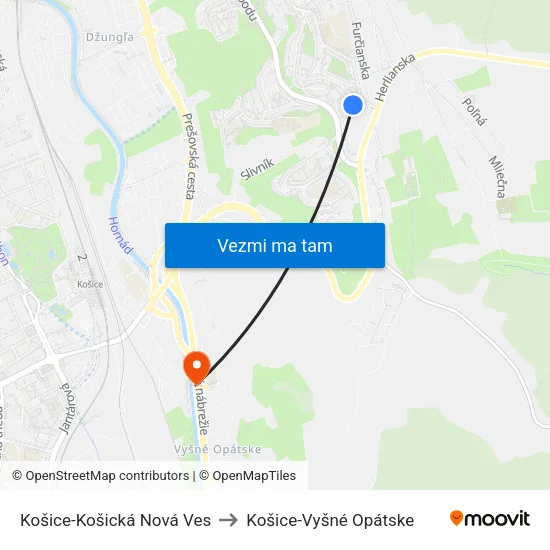 Košice-Košická Nová Ves to Košice-Vyšné Opátske map