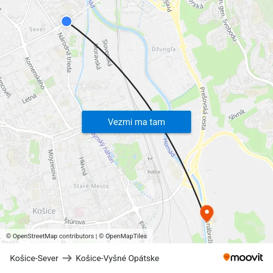 Košice-Sever to Košice-Vyšné Opátske map