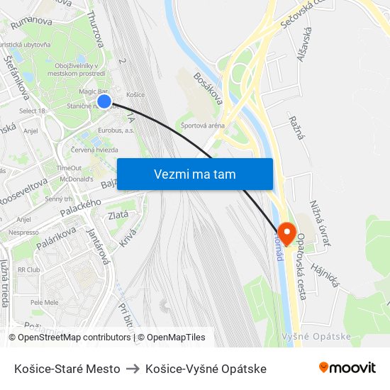 Košice-Staré Mesto to Košice-Vyšné Opátske map