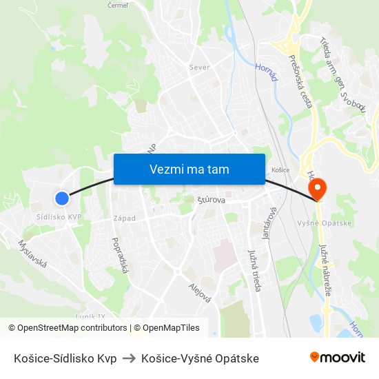 Košice-Sídlisko Kvp to Košice-Vyšné Opátske map