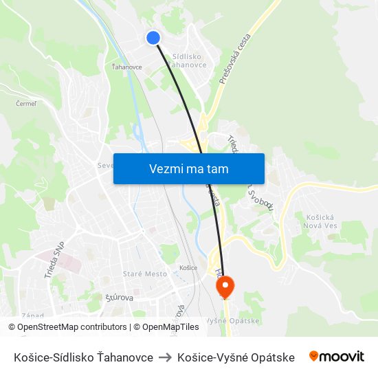 Košice-Sídlisko Ťahanovce to Košice-Vyšné Opátske map