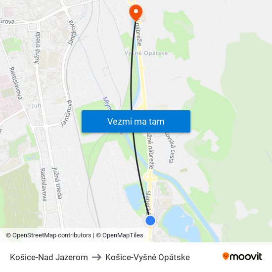 Košice-Nad Jazerom to Košice-Vyšné Opátske map