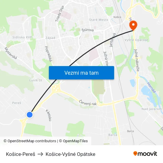 Košice-Pereš to Košice-Vyšné Opátske map