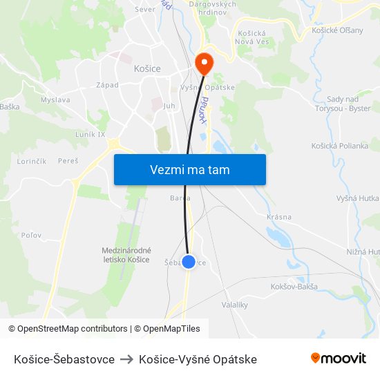 Košice-Šebastovce to Košice-Vyšné Opátske map