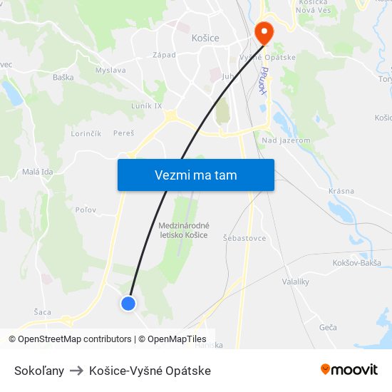 Sokoľany to Košice-Vyšné Opátske map