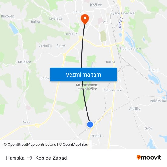 Haniska to Košice-Západ map