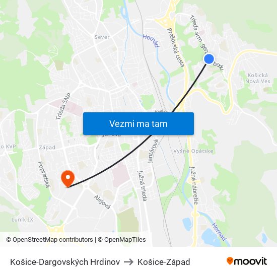 Košice-Dargovských Hrdinov to Košice-Západ map