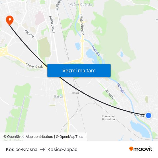 Košice-Krásna to Košice-Západ map