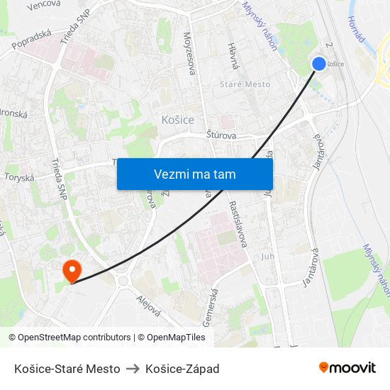 Košice-Staré Mesto to Košice-Západ map