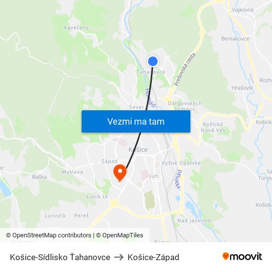 Košice-Sídlisko Ťahanovce to Košice-Západ map